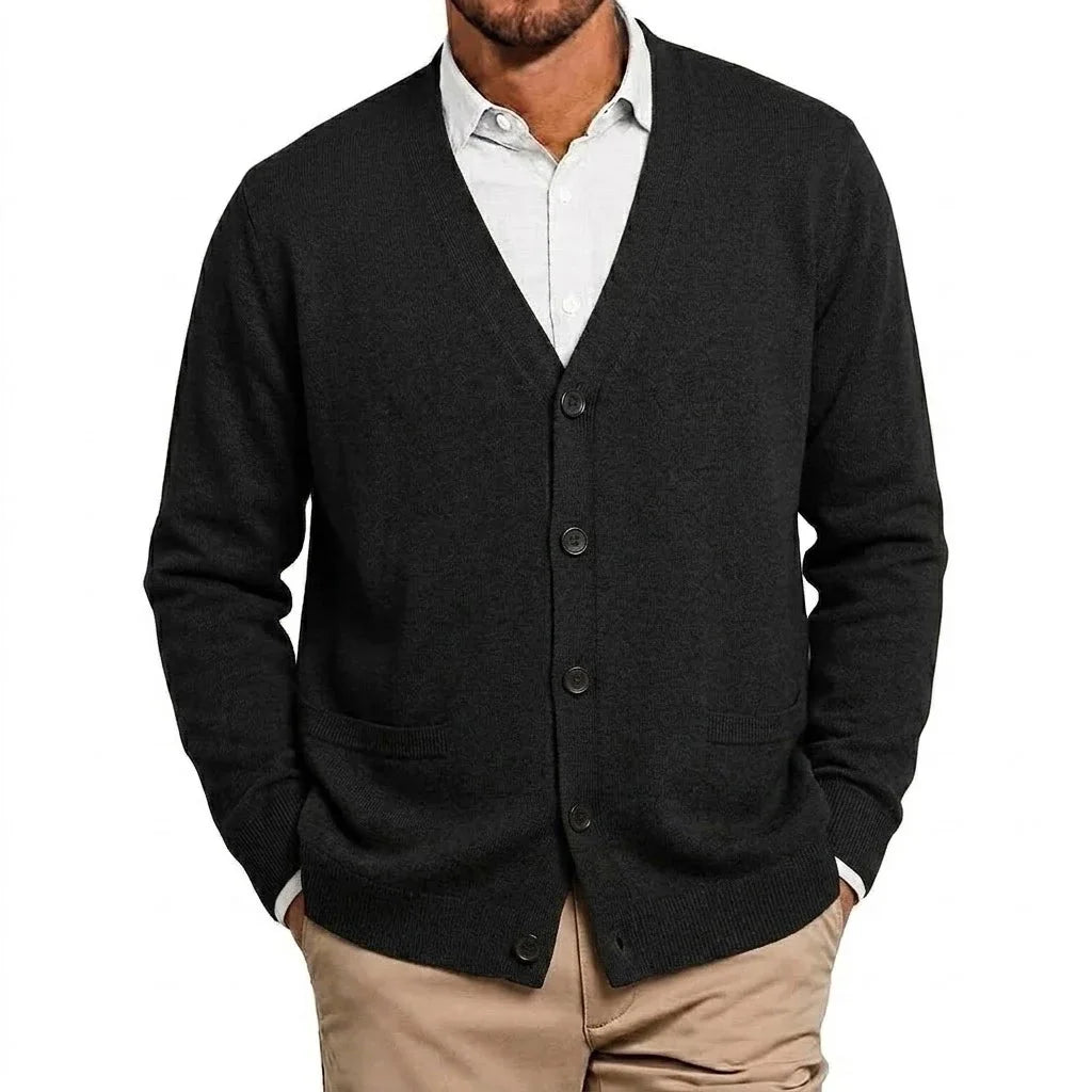 Mens VNeck Open Cardigan Jumper Button Front Knit Apparel Long Sleeve Knit Sweat Tops with Pockets Outer Garment for Males