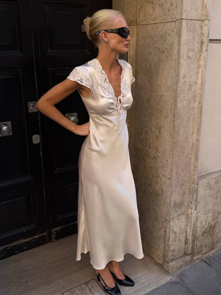 Women Elegant Satin Lace Trim Midi Dress Solid Lace Patchwork Short Sleeve V-neck Summer Dresses 2026 Summer New Holiday Robes