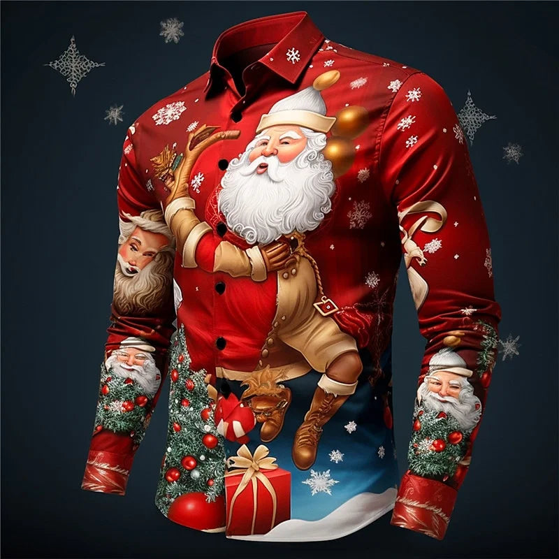 Christmas Fireworks: Santa Print Men's Long Sleeve Shirt, Men's Fashionable Party Christmas Shirt, Four Seasons Casual Men's Shi