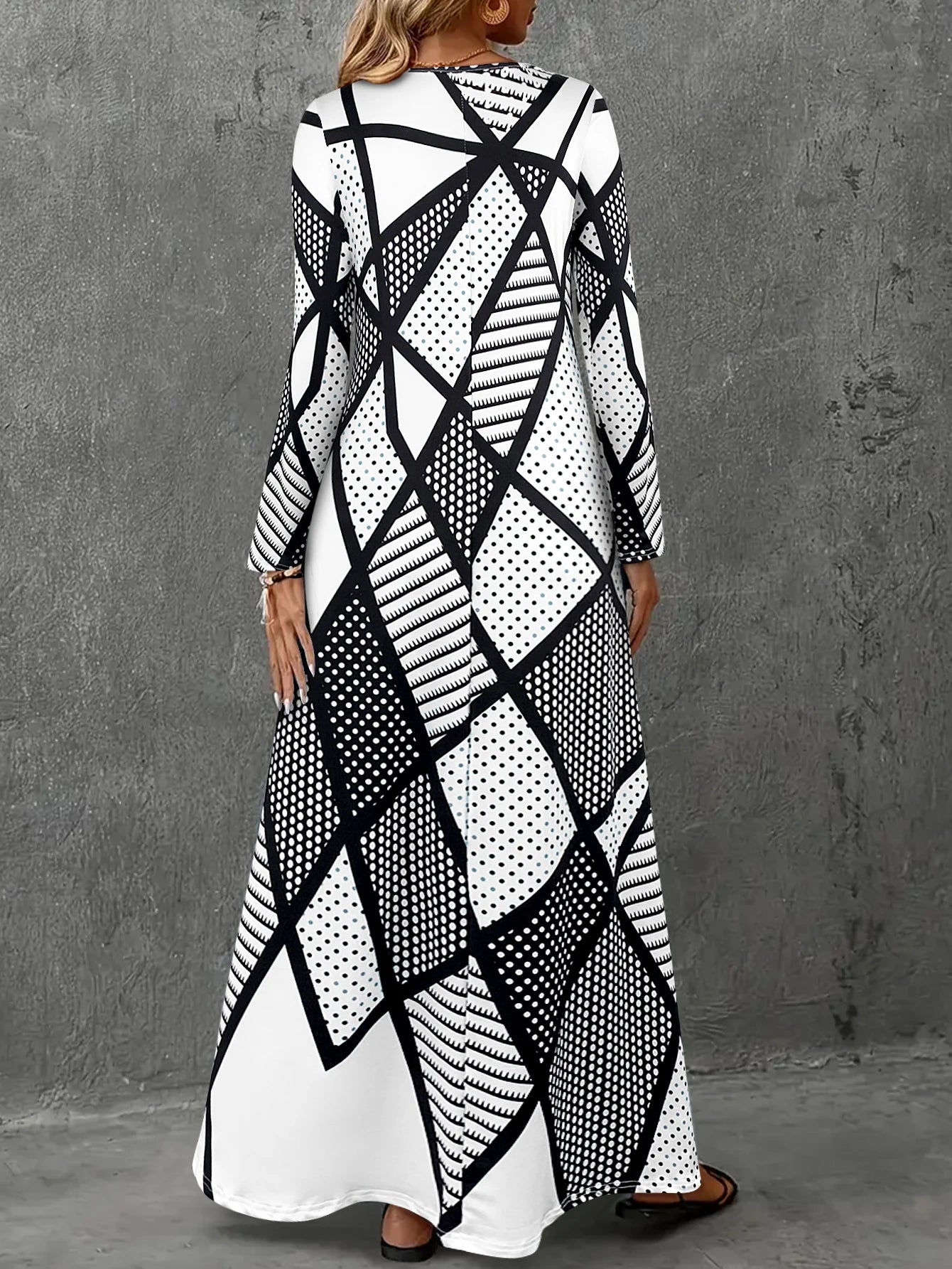Women's Long - Sleeve V - Neck Maxi Dress, Black and White Geometric & Dot Print, Casual Bohemian & Beach Wear