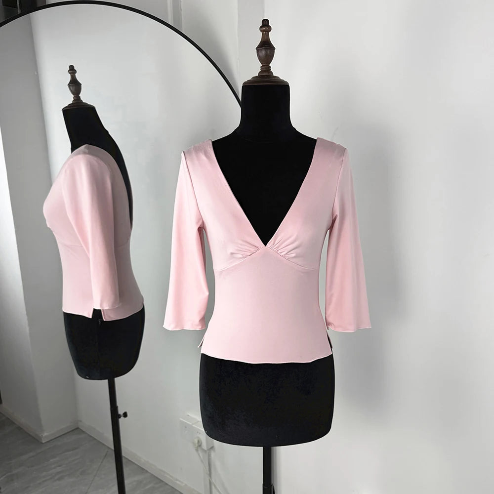 Talenza Sexy V-Neck Top Women's Summer New Slit Casual Solid Pullover Slim-Fit Chic High-Street Office Lady 2026 Female T-Shirts