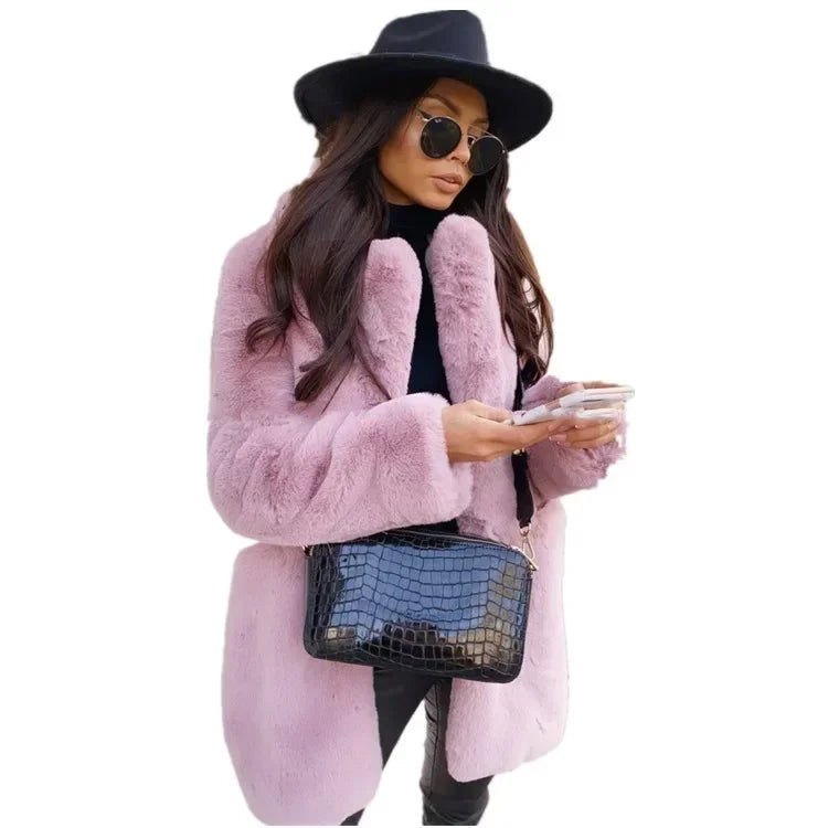 Women Spring Long Faux Fur Coat Jacket Autumn Winter Thick Warm Coats Woven Block Trend Fur White Black Coat Parkas Streetwear