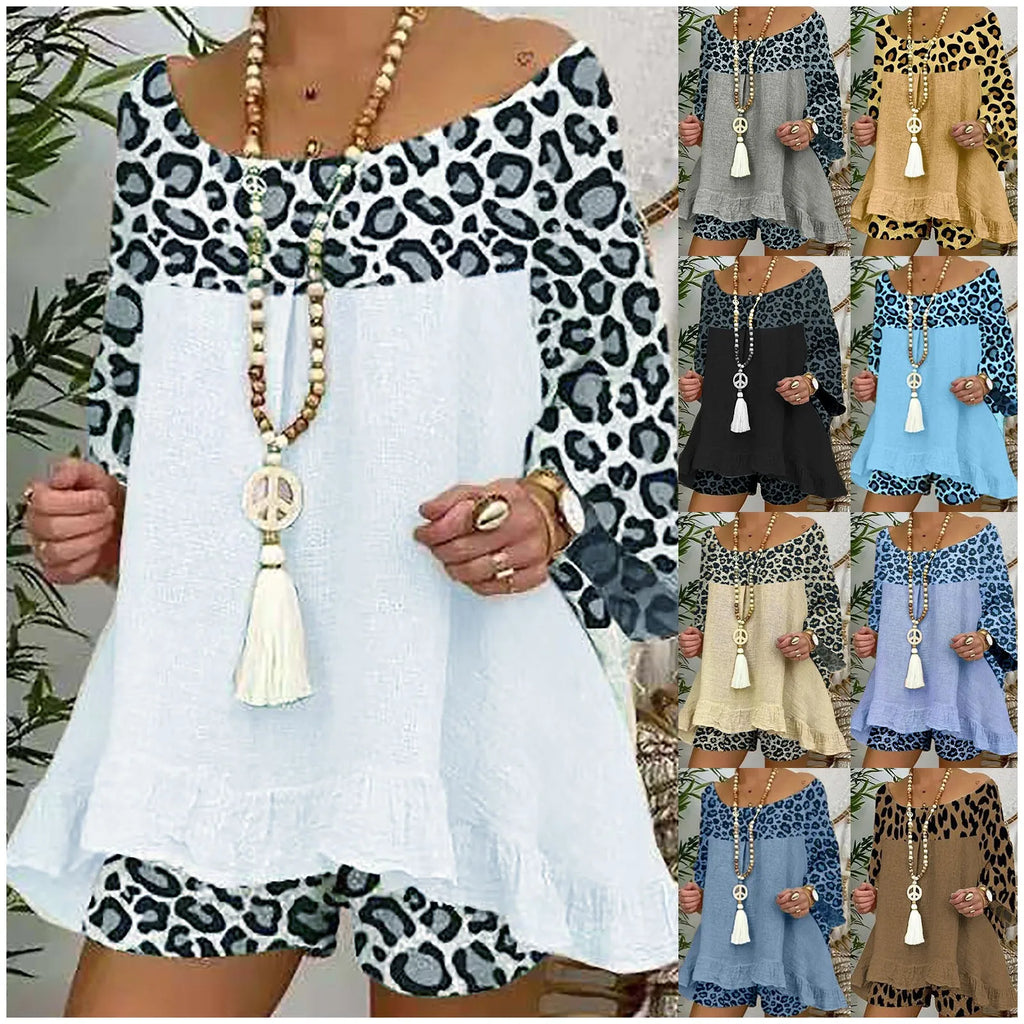 Women'S European And Fashion Leopard Print Stitching Loose Large Size Cotton And Linen Suit Ladies Board Shorts for Swimming