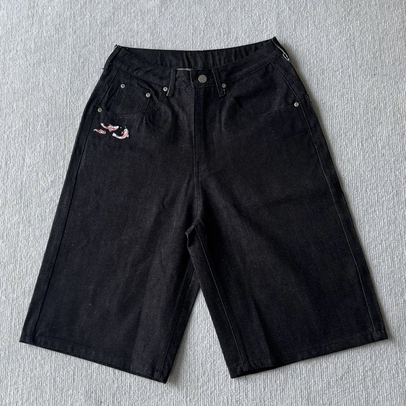 New High Quality American Retro Derchutze Denim Shorts Embroidered Patterns Men's Straight Leg Pants Stock