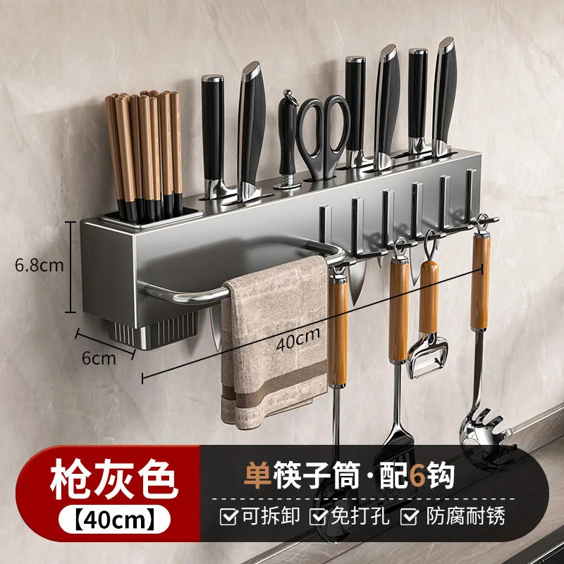 Heavy Duty Carbon Steel Wall Mounted Kitchen Organizer, No Drill Knife Rack for Knives Utensils Cutting Boards, Space Saving