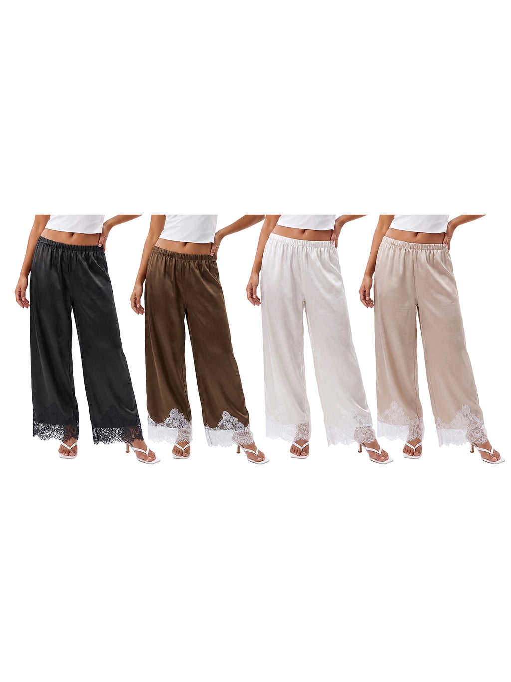 Lace Trim Wide Leg Pants for Women Casual Loose Stain Elastic Waist Trousers 90s Streetwear Y2K Coquette Bottoms