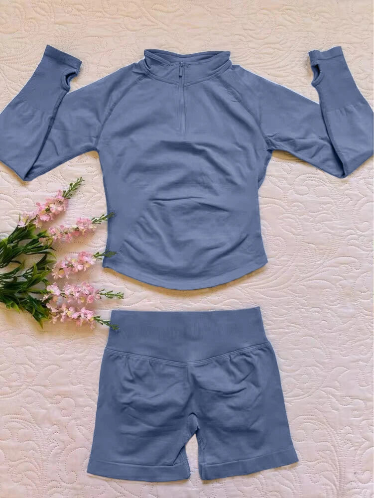 2026 2pcs Long Sleeve Yoga Set Women Half Zippy Jacket Longline Sports Top Gym Shorts Fitness Suits Running Coats Workout Set