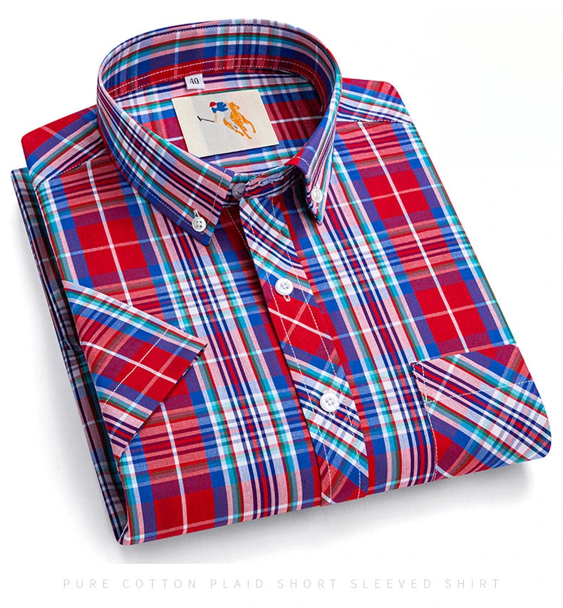 Fashion Korean Plus Size 8XL 100%Cotton Short Sleeve Shirts for Men Slim Fit Formal Plain Shirt Plaid Hawaiian Shirt Casual Top