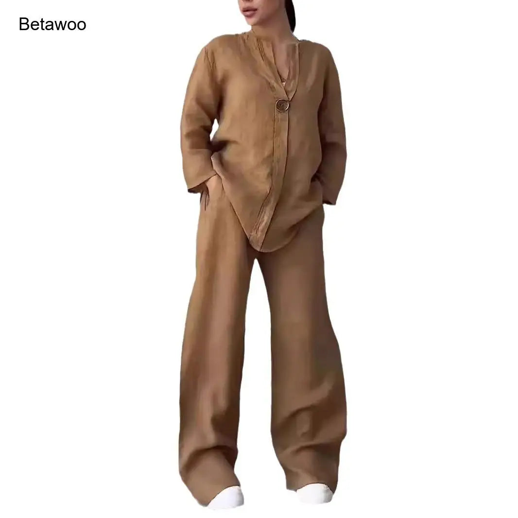 Women's 2 Piece Cotton Linen Lounge Set Button Down Shirt and Wide Leg Pants Casual Loose Fit Matching Outfit Solid Color Co-ord