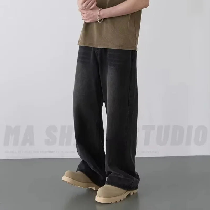 Spring Autumn Men's New Denim Pants Old Blue Washed Casual Jeans Menwear Loose New Fashion Contrasting Color Wide Leg Trousers