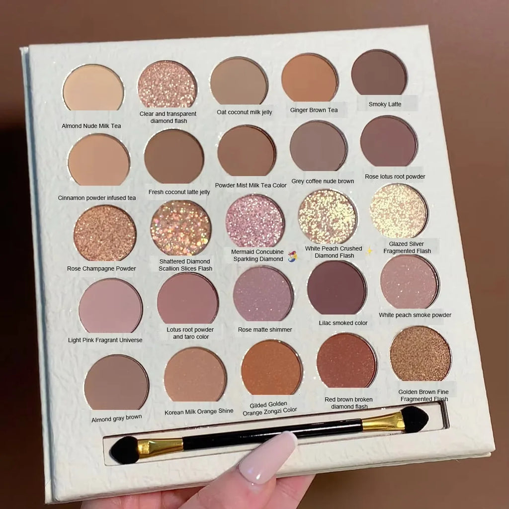 25-Color Eyeshadow Palette Earth Tones Matte & Shimmer Autumn Winter Low Saturation Orange Brown Makeup with Brush
