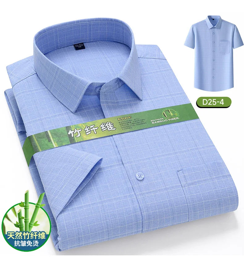 Men's Summer Bamboo Fiber Shirt Short Sleeve Lightweight Casual Breathable Soft Fabric Easy Care Slim Fit Business Casual Wear