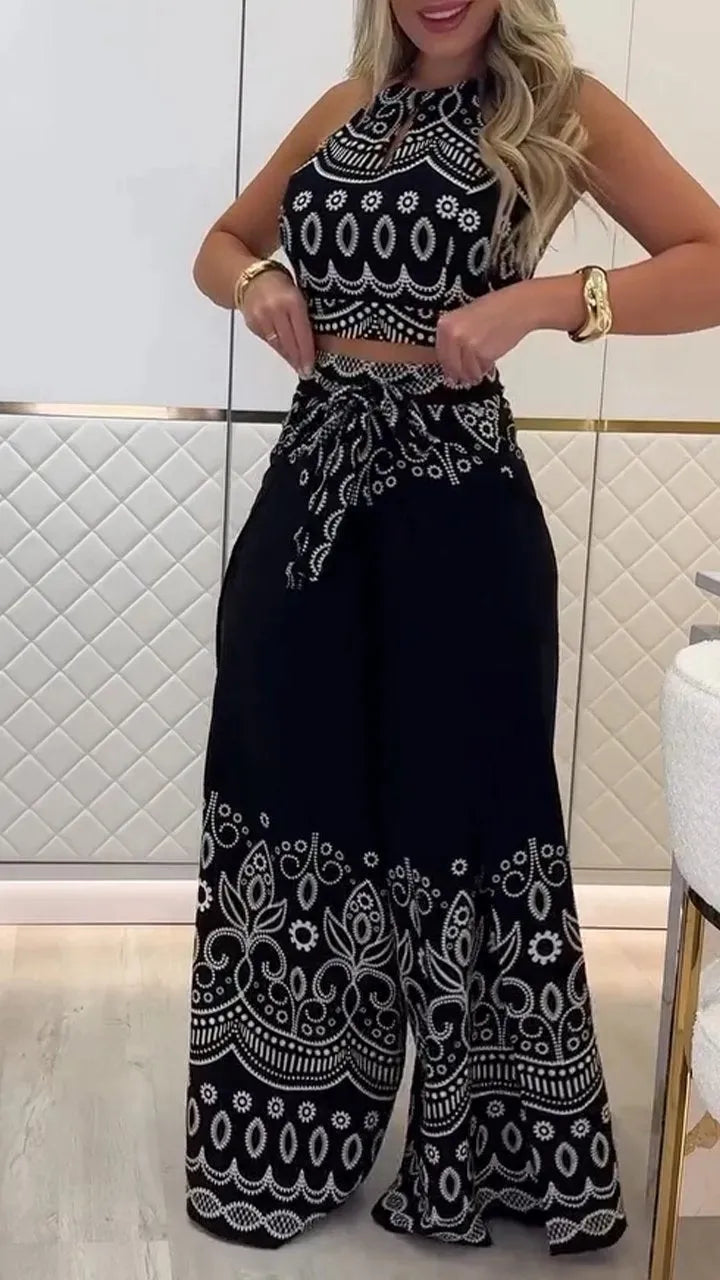 Summer Vintage Halter Top Wide Leg Pants Set Women's Bohemian 2-Piece