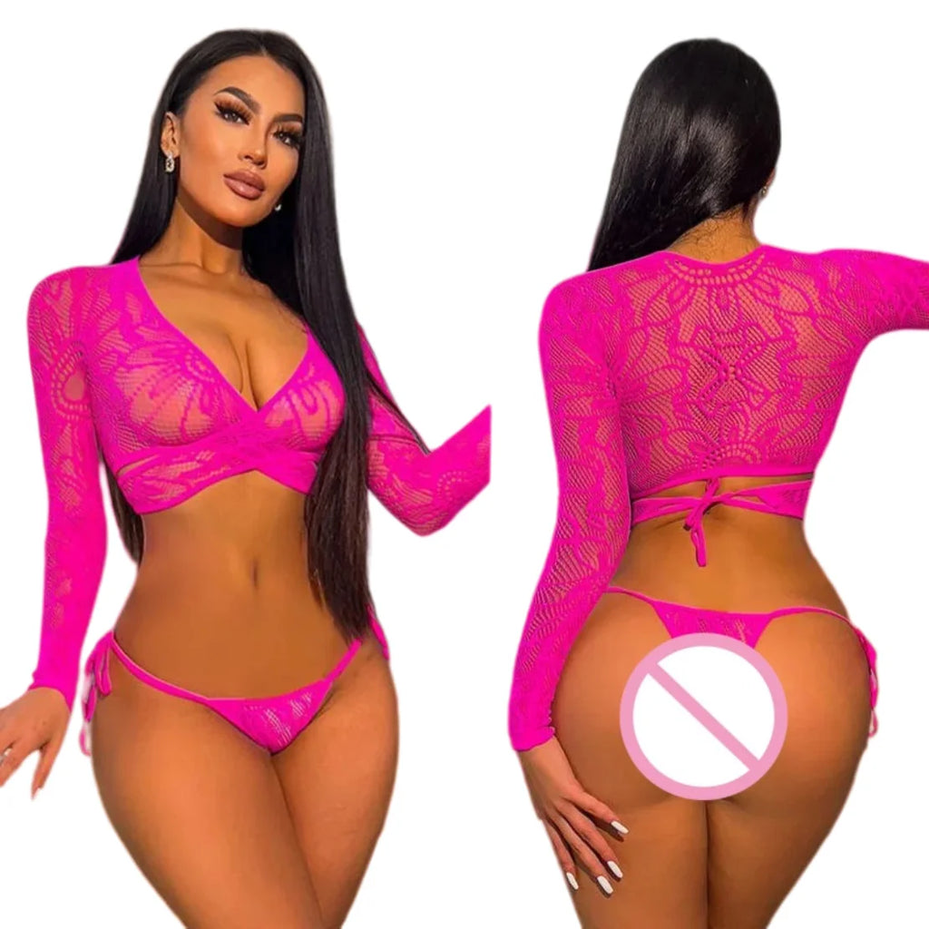 Sexy Lingerie Set Mesh for Adults intimate with Strap Hollow out Three-Point Bikini Shortie Top Bottoms Tie-Detail Nightgown