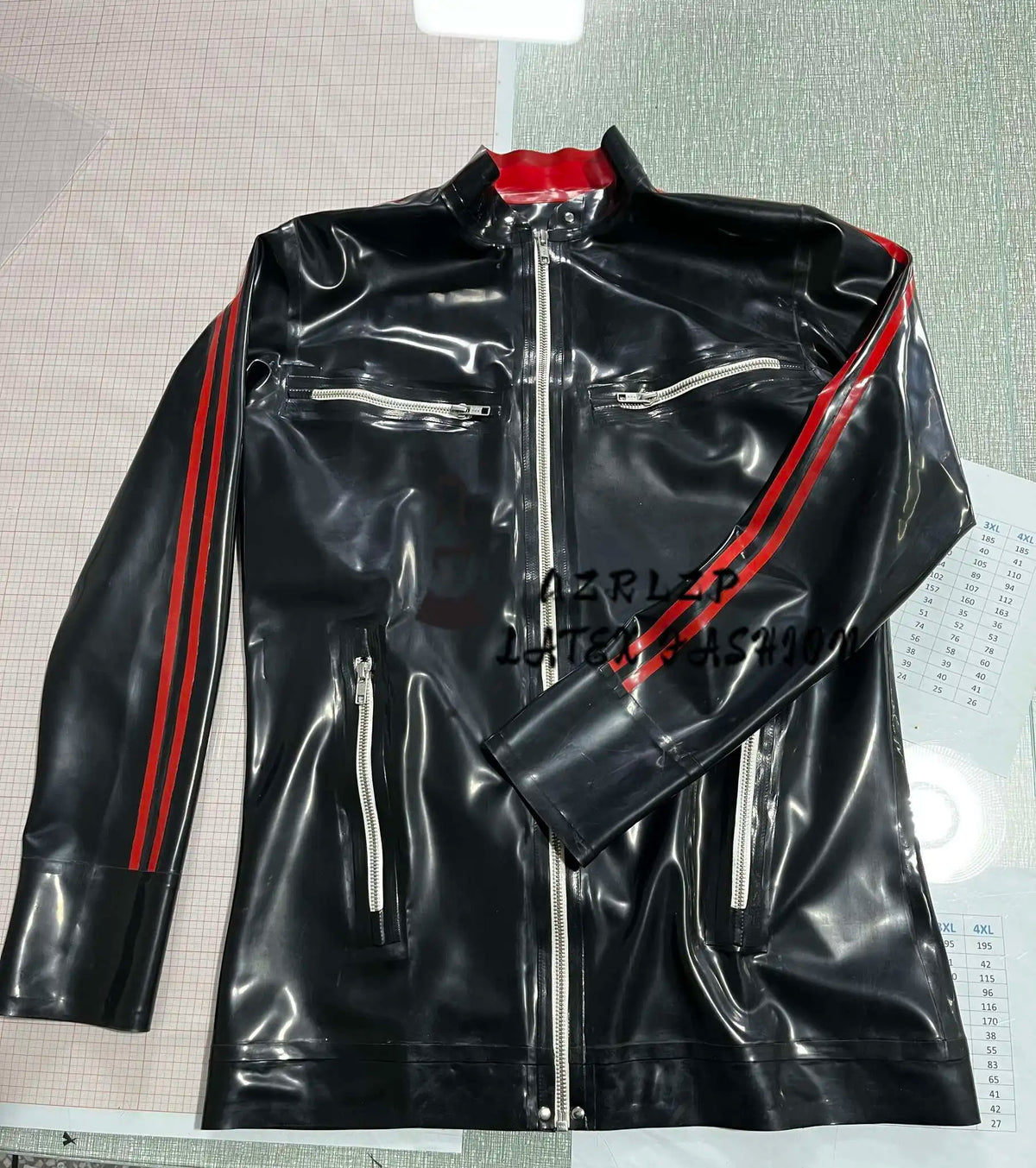 Latex Jacket/Coat — Black & Red Stylish Paneling with Double Red Stripe Accents