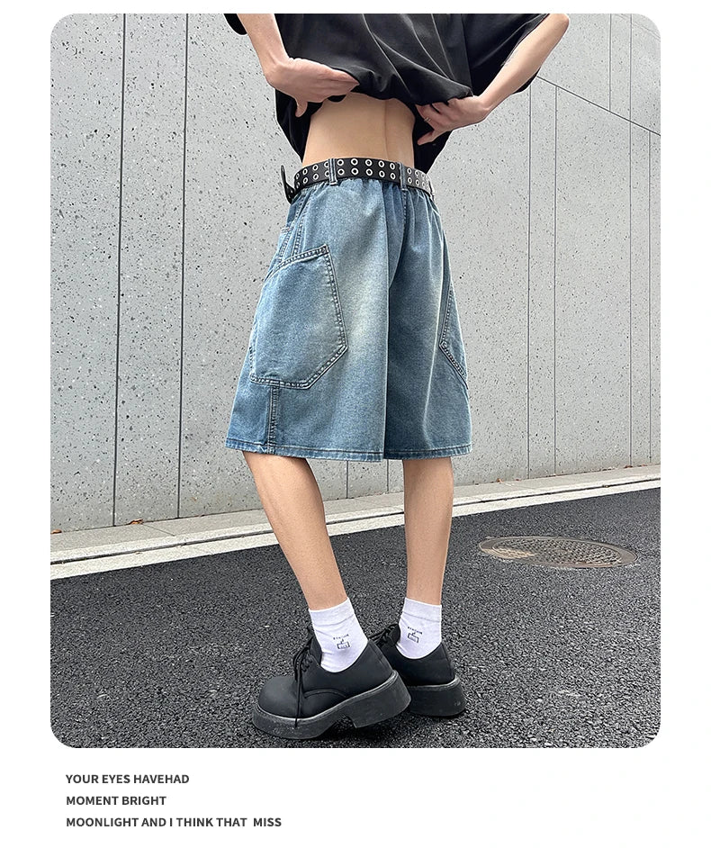 2026 Summer New Baggy Denim Shorts Fashion Casual Straight Harajuku Jeans Male Vintage Wash Drawstring Short Pants Streetwear
