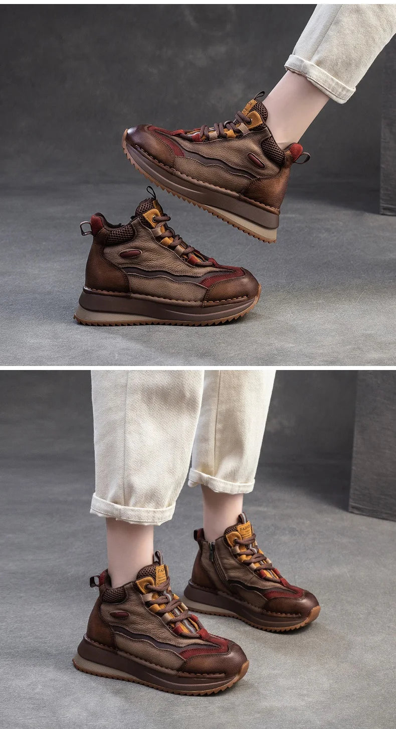 DRKANOL 2026 Women Boots Autumn Winter Mixed Colors Genuine Cow Leather Warm Ankle Boots Ladies High Top Casual Sneakers Shoes