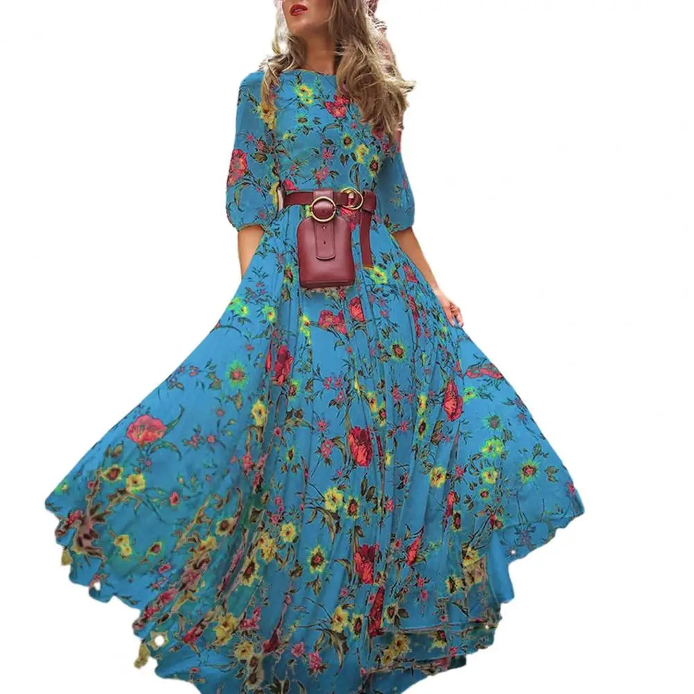 Women Printed Chiffon Dress Elegant Floral Maxi Dress for Women A-line Silhouette with High Waist Half Sleeves for Spring Fall
