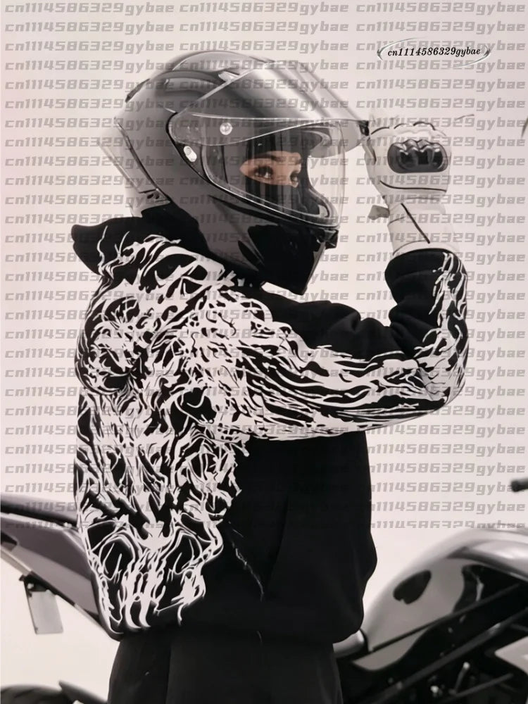 Men Street Reflective Hoodie Y2k Style Gothic Long‑sleeve Pullover Hooded Sweatshirt Loose‑fit Motorcycle Rider Night Outing New