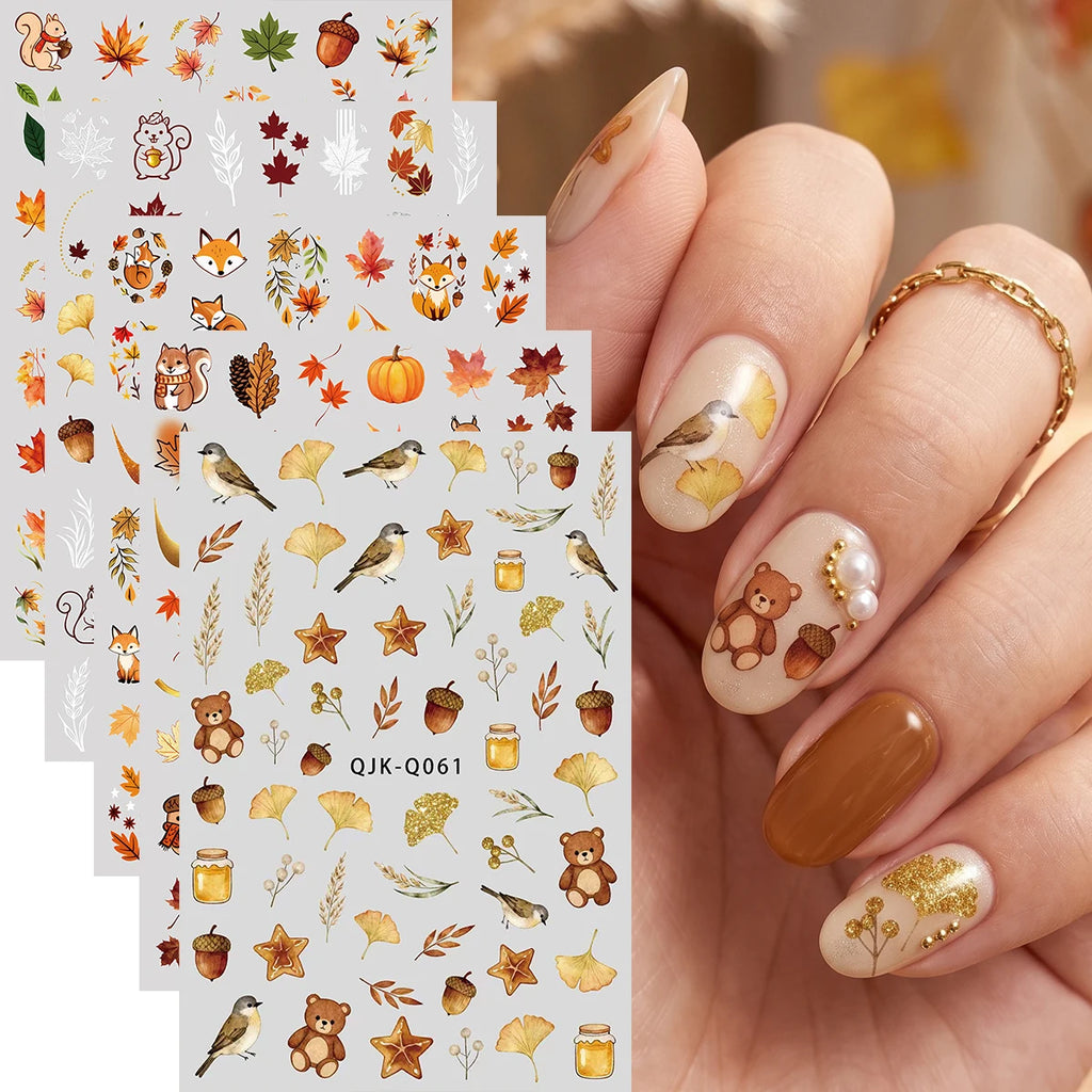 5pcs Autumn Maple Animals 3D Nail Art Stickers Squirral Ginkgo Fall Leaves Fox Bears Honey Pattern Nail Decal DIY Manicure Decor