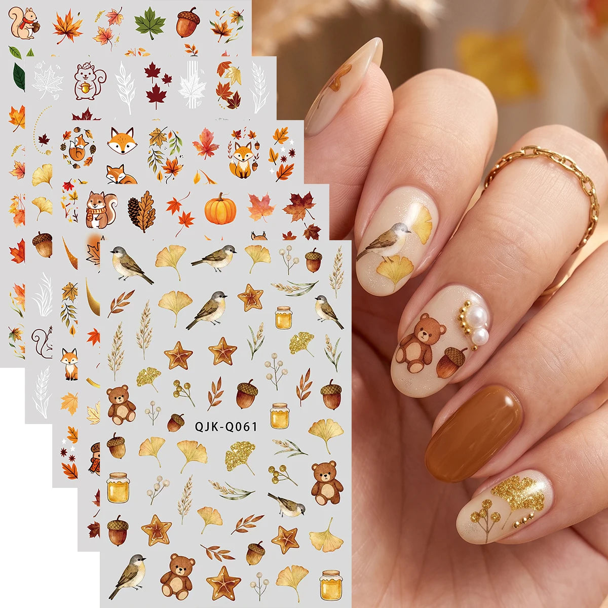 5pcs Autumn Maple Animals 3D Nail Art Stickers Squirral Ginkgo Fall Leaves Fox Bears Honey Pattern Nail Decal DIY Manicure Decor