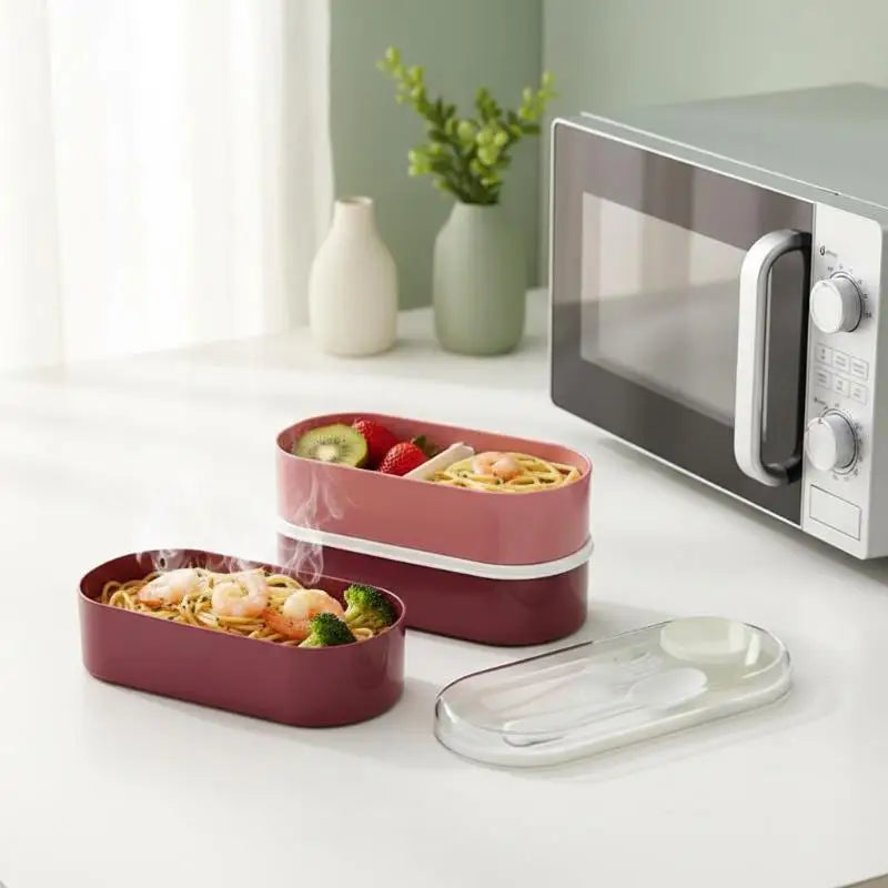 Double Layer Portable Lunch Box With Fork And Spoon Microwave Bento Boxes Dinnerware Set Food Storage Container
