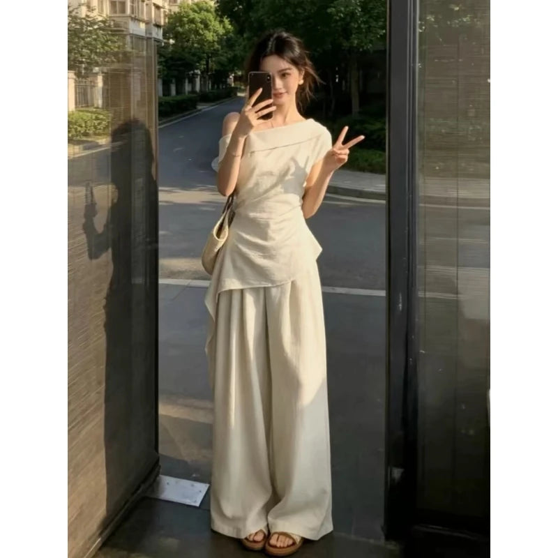 Summer Fashion Set Women's Side Shoulder Short Sleeve T-Shirt And Wide Leg Pants Two-Piece Suit Elegant And Stylish OOTD