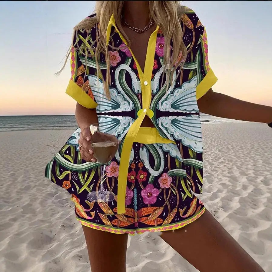 Women Summer Fashion Shorts Sets Retro Print Sleeve Shirt Shorts Suit New Casual Loose Female Beach Vacation Shorts 2 Piece Set