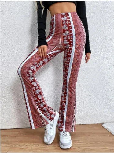 Fashionable New High Elasticity Tight Fitting Micro Flared Printed Casual Pants