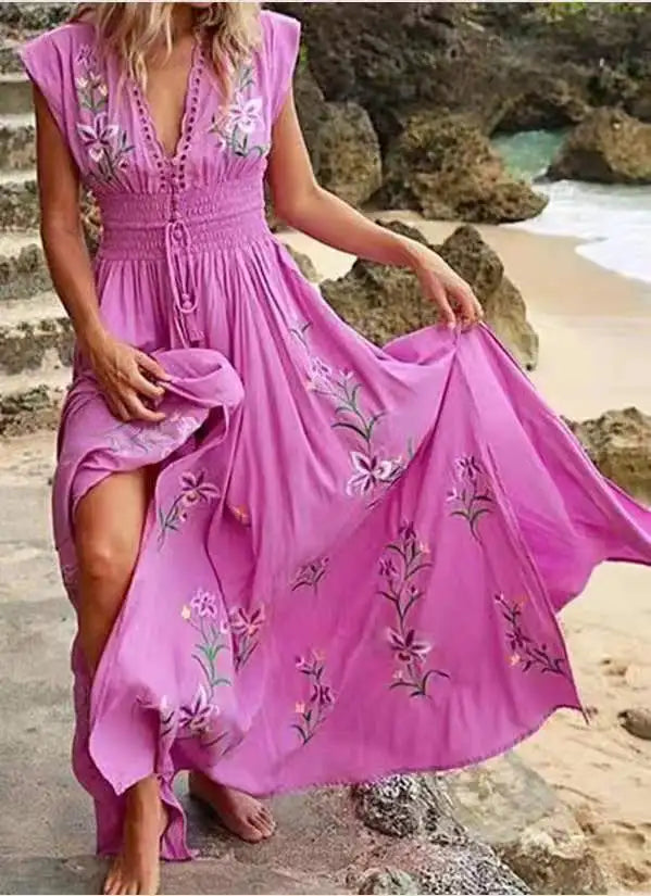 2026 Women's New Summer Fashion Women's V-neck French Beach Wave Casual Printed Dress for Women
