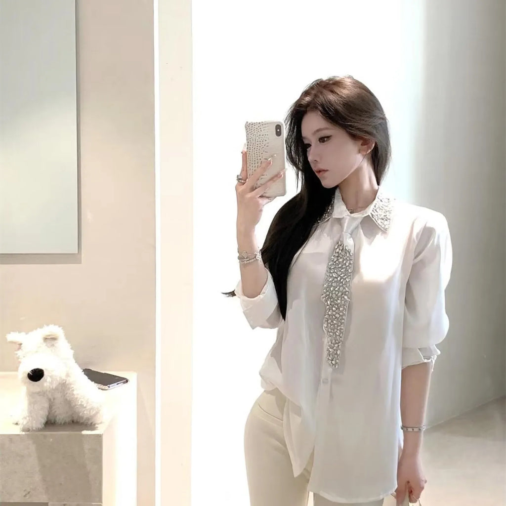 2025 Women's White Shirt New Spring Autumn Crystal Beading With Necktie Chiffon Shirt Female Blouses Ladies Tops Women Clothing
