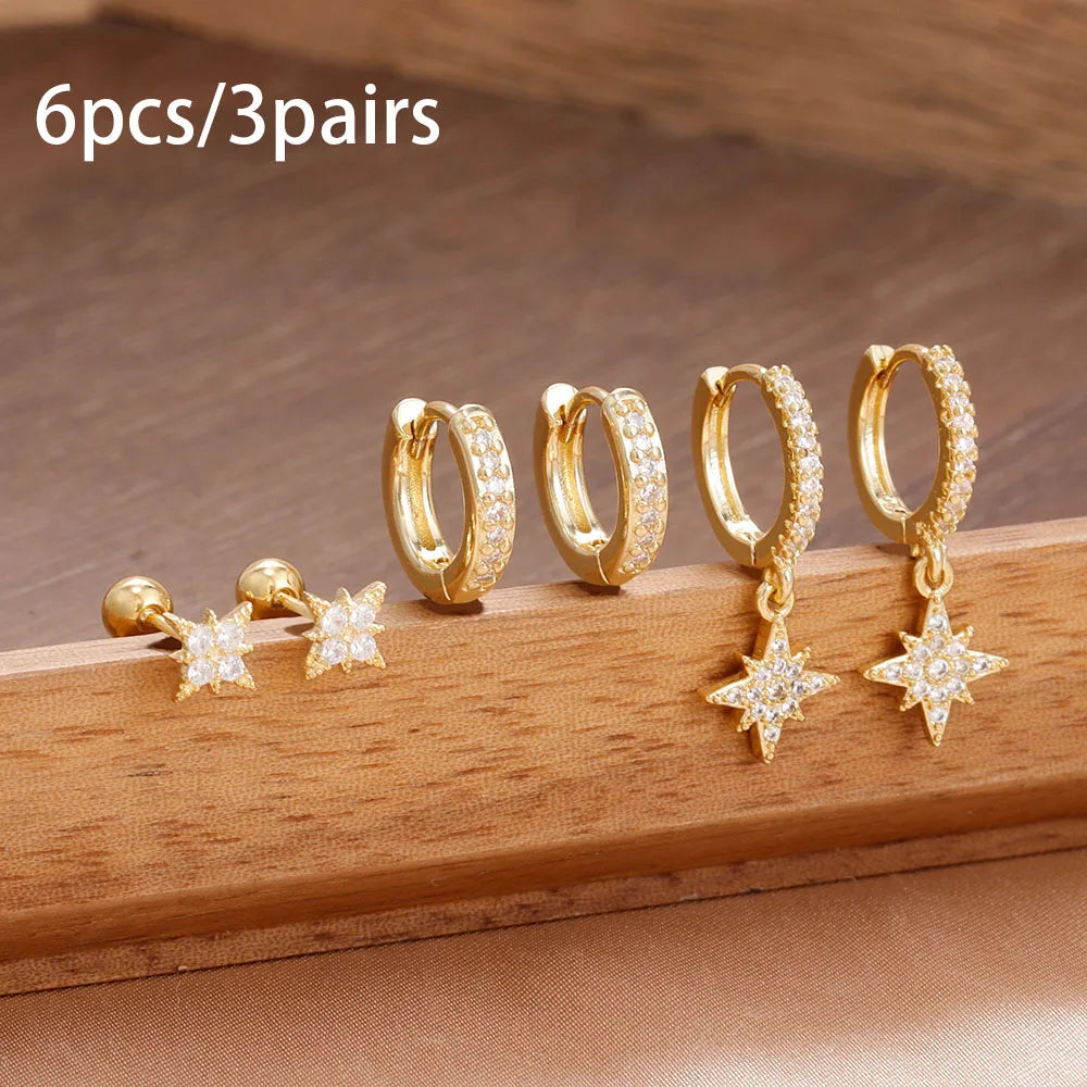3 Pairs Stainless Steel Zircon Hoop Earrings Set Trendy Twinkle Star Ear Stud Earring Jewelry Prevent Allergy Party Accessories