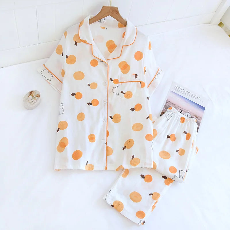 2026 Japanese new spring and summer short-sleeved trousers pajamas 2-piece set 100% cotton gauze flower cartoon home service set