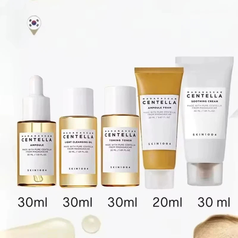 5Pcs Korea SkinCare Centella Travel Kit Set Cleansing Oil Toner Foam Ampoule Cream Cica Non-Sticky Soothe Redness Repair Skin