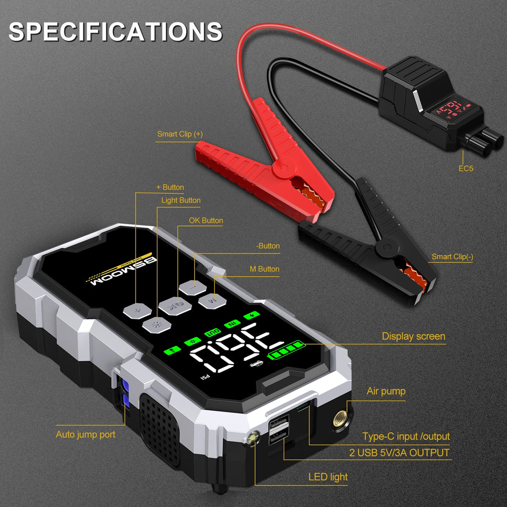 Car Jump Starter With Air Compressor LCD Screen 21800mAh Portable Booster Charger ,6000A Powerful Car Battery Starting Device,Car Battery ChargerFor12V(ALL Gas/10L Diesel) Start The Car Quickly, USB Input/output, LED Emergenc