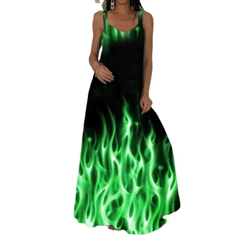 Women's Fashionable Flame Printed Sleeveless Dress  Summer Casual Printed Long Dress