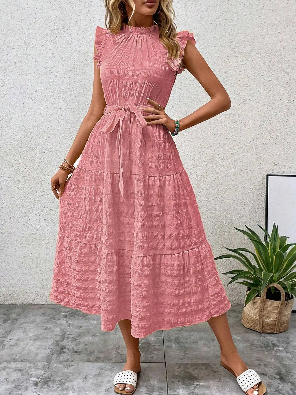 Elegant Women's Summer New Fashion Wooden Ear Edge Flying Sleeve Lace Up Texture Dress Purple  Sleeveless Lace Up Long Dresses