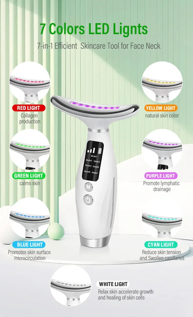EMS micro current neck beauty instrument, 7-color facial massager, through vibration to enhance facial neck care