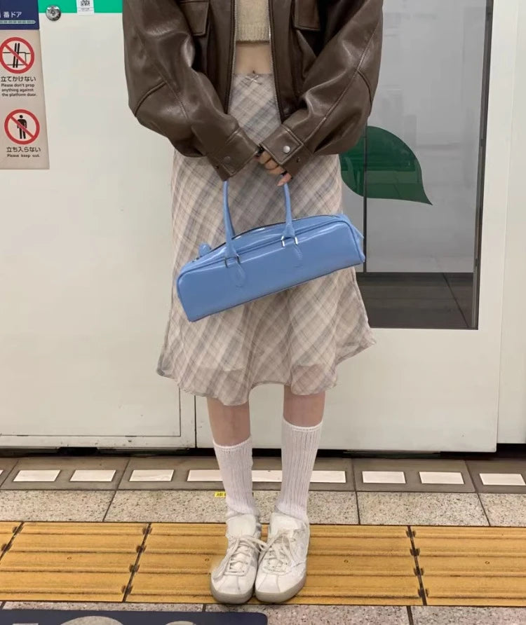 2026 Summer Vintage Midi Plaid Striped Print Skirts Women Sweet Loose Pleated Ladies Skirt High Waist Korean Style Woman Skirts