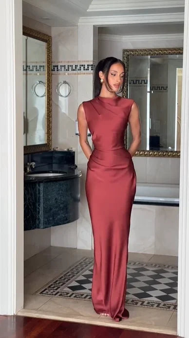 Ruched Waist Satin Long Dress Solid Bodycon Sleeveless Cowl Neck Fishtail Women Dresses 2026 Summer Lady Formal Evening Gowns