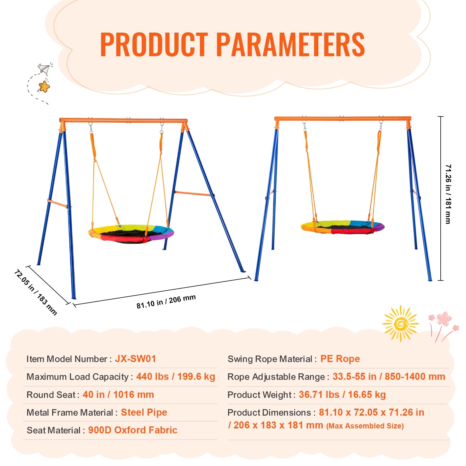 SucceBuy Swing Sets for Backyard 600lbs Capacity Swing Set with 1 Saucer Swing Seat 2 Belt Swing Seats Swingset Outdoor for Kids