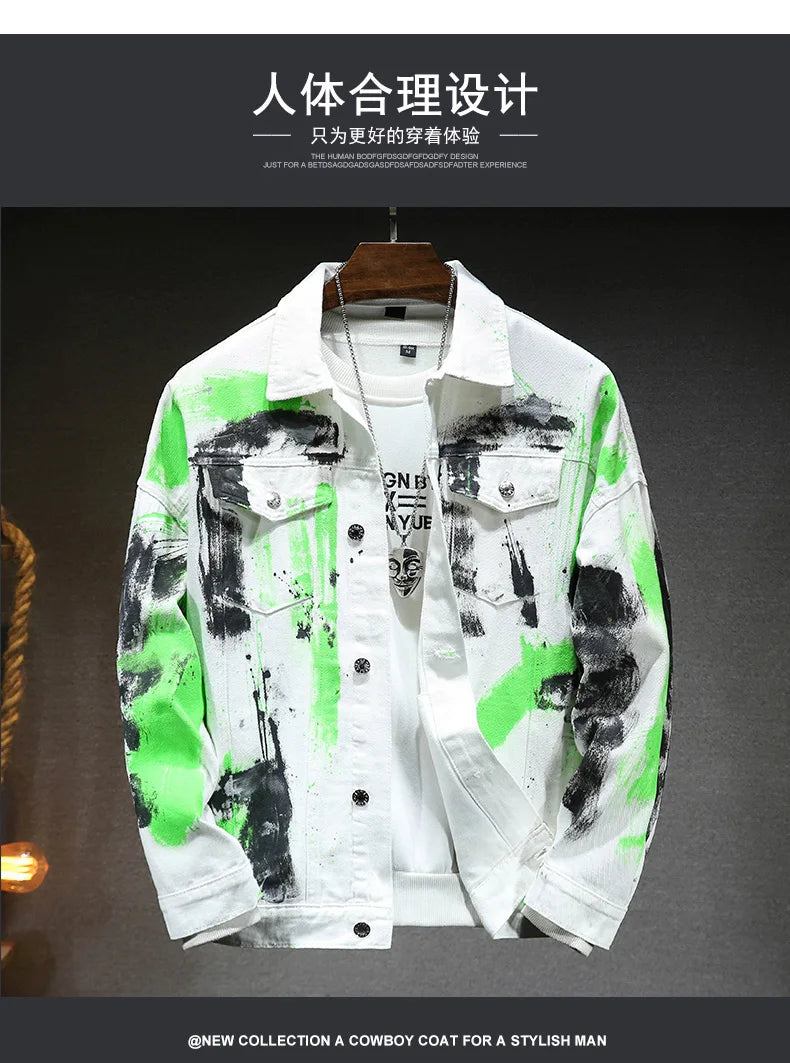 Fashion 2026 Spring Autumn Men's Cotton Denim Jacket Casual Printed Jeans Hip Hop Streetwear Loose Denim Coat Youth Top Clothing