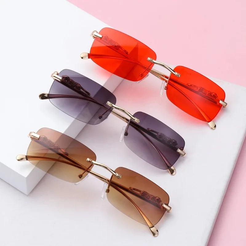 Unisex Luxury Rimless Square Sunglasses - Brand Designer Leopard Head Metal Shade Eyewear Travel Driving