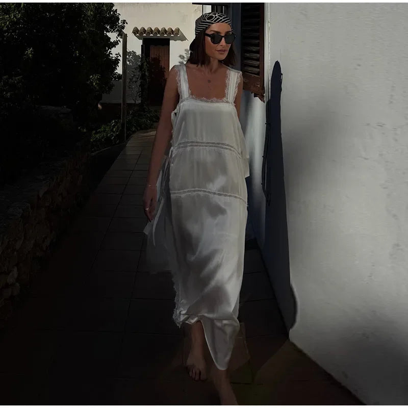 Fashion Solid Lace Patchwork Women's Dress Sleeveless High Side Split Lace Up Hollow Out Sling Dresses 2026 Summer Female Robe