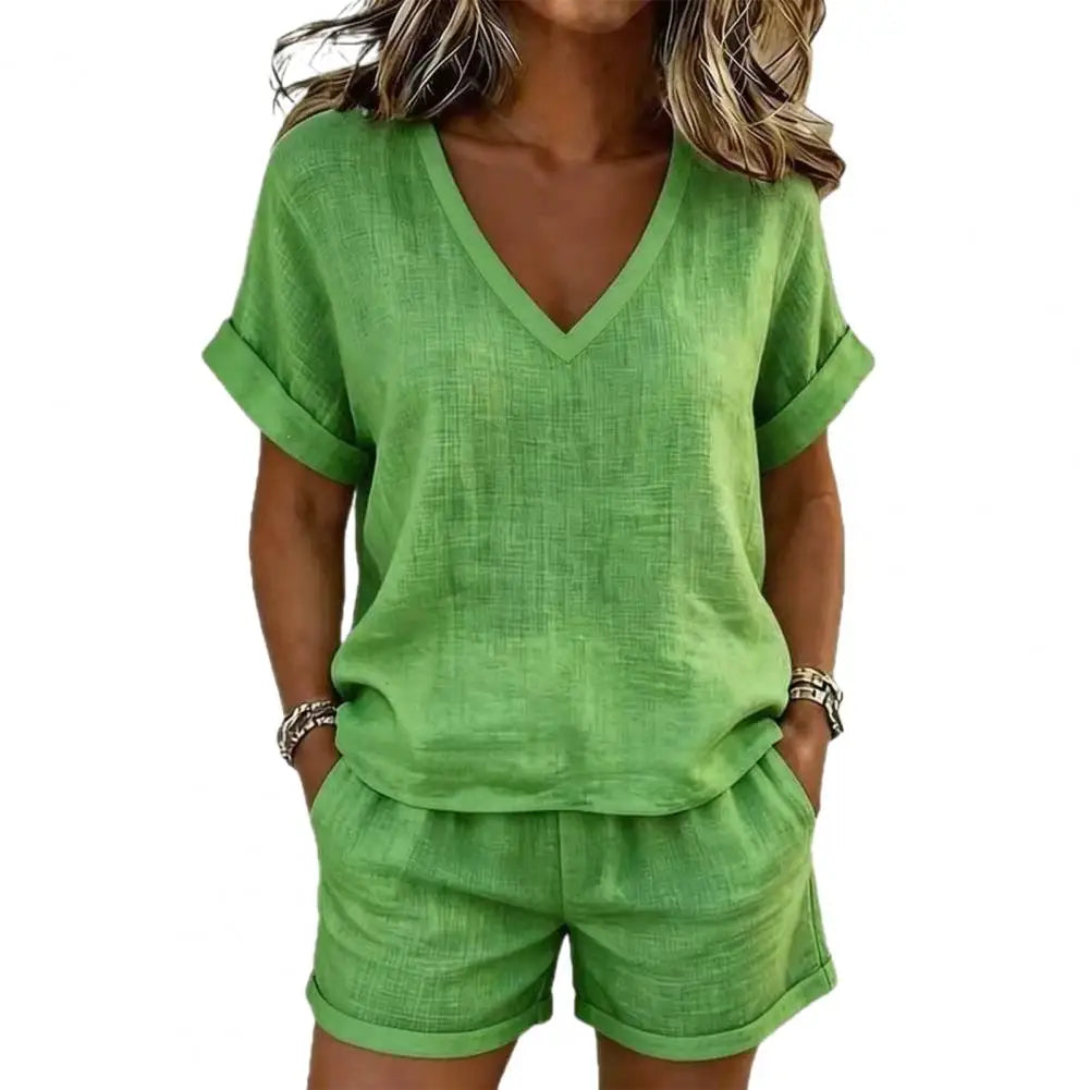 Women T-shirt And Shorts Set V-neck Short Sleeve Top 2 Piece Sets 2026 Elegant Summer Women Two Pieces Suit Female Outfit Clothe