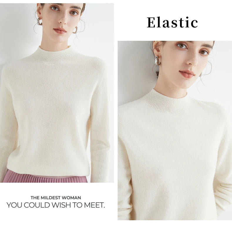 First-Line Seamless Women's Half-Turtleneck 100% Pure Wool Sweater Solid Color Long Sleeve Pullover Knitted Bottoming Sweater