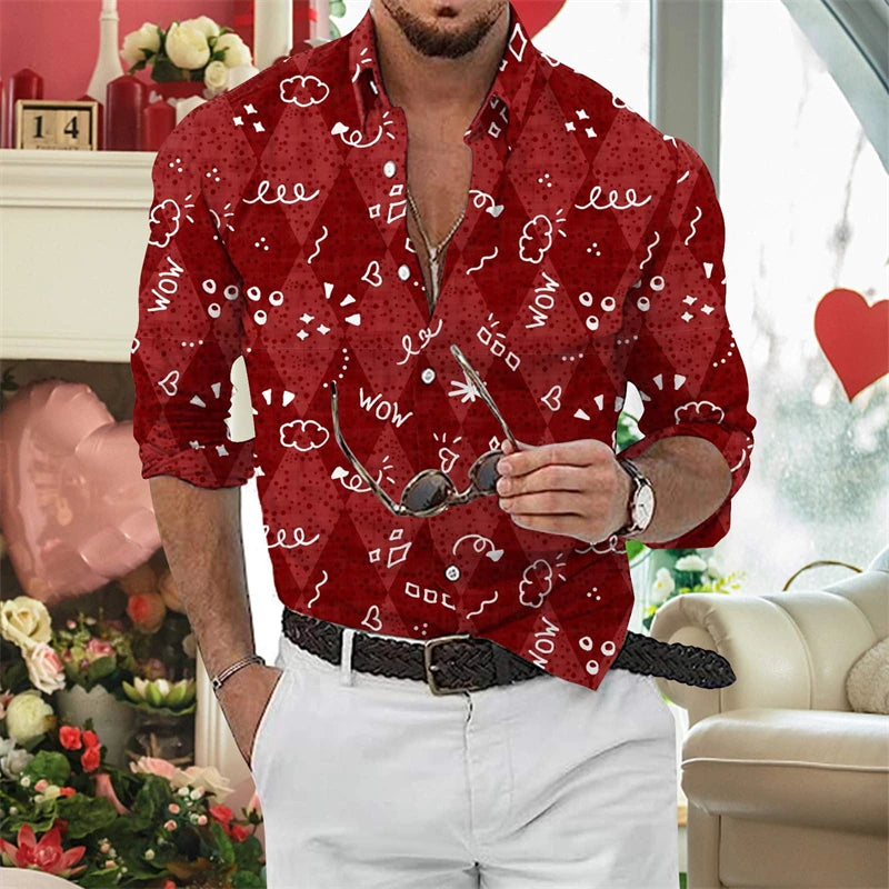Valentine'S-Day Men Long Sleeve Shirts Couple Blouses 3D Print Love Heart Graphic Casual Lover Tops Festive Vacation Men Clothes