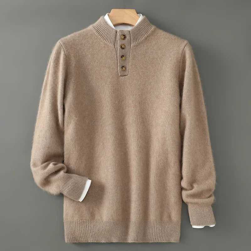 Men's Thicken 100%Pure Mink Cashmere Sweater Youth Button Semi-High Neck Loose Knit Pullovers Autumn and Winter Warm Base Shirt