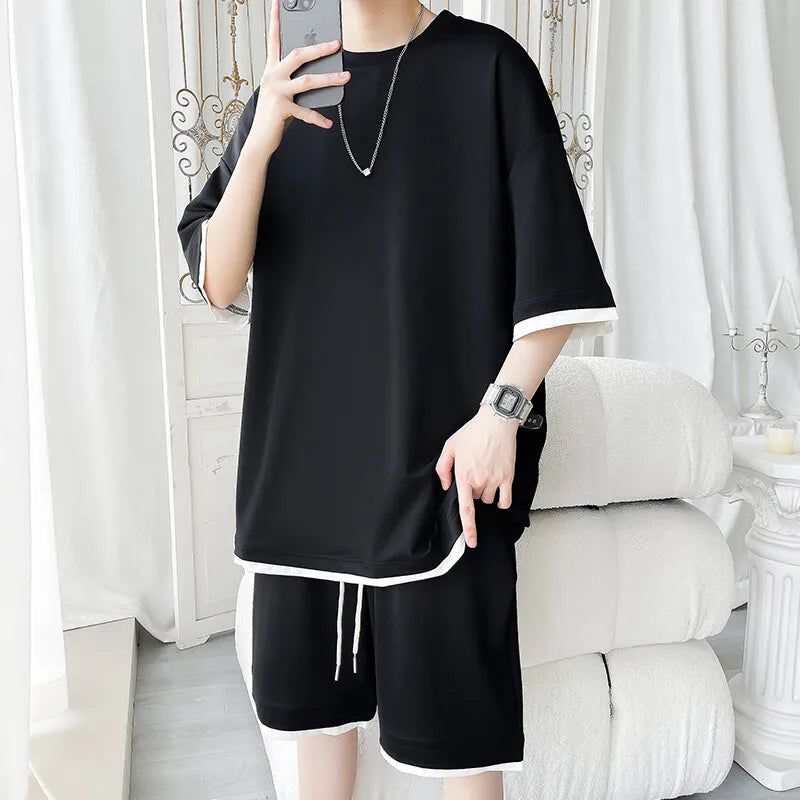 Men's Solid Color 2-Piece Outfit Short Sleeve T-Shirt & Drawstring Elastic Waist Shorts Set Casual Lounge & Streetwear Clothing