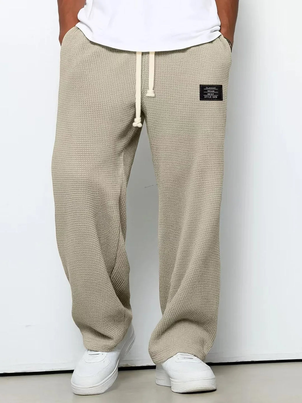 Men's Spring-Autumn Trendy Brand Loose-Fitting Stretchy Straight-Leg Sweatpants. Waffle Fabric. Micro-Bouncy Sporty Casual Pants